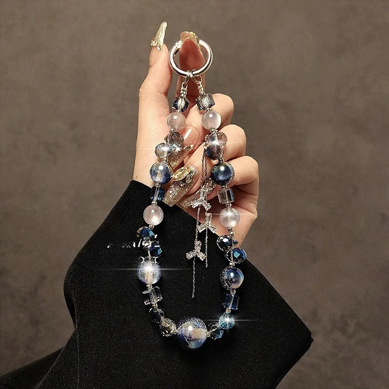 High-End Fashion Crystal Beaded Phone Lanyard With Tassel Hanging Decoration Short Chain Accessory for Stylish Phone Carrying