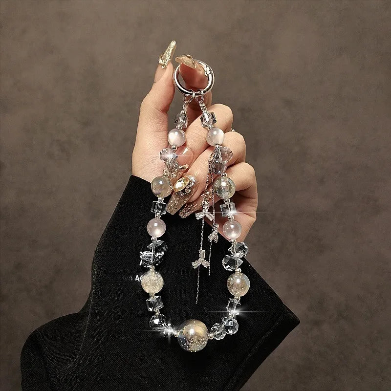 High-End Fashion Crystal Beaded Phone Lanyard With Tassel Hanging Decoration Short Chain Accessory for Stylish Phone Carrying