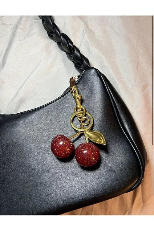 Glitter Cherry Red Bag Charm with Gold Detail Keychain Accessory